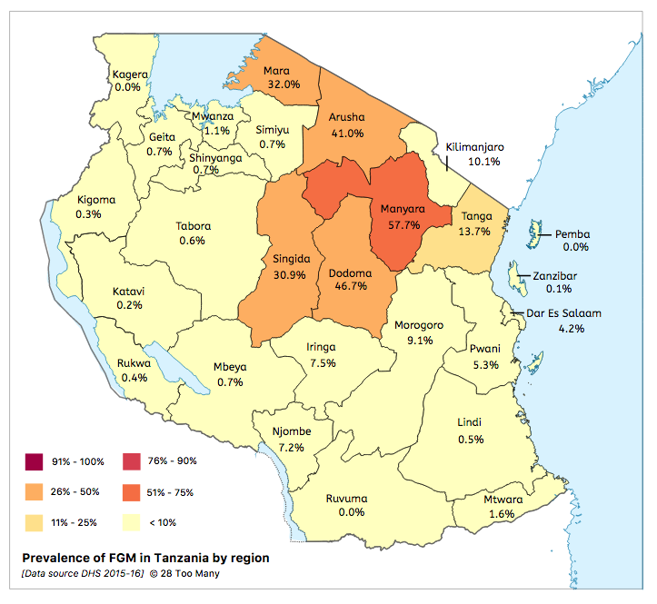 Prevalence Map: FGM in Tanzania (2015-2016)